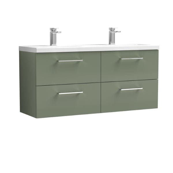 Nuie Wall Hung Vanity Units,Modern Vanity Units,Basins With Wall Hung Vanity Units,Nuie Satin Green Nuie Arno 4 Drawer Wall Hung Vanity Unit With Double Ceramic Basin 1200mm Wide