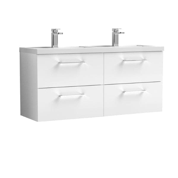 Nuie Wall Hung Vanity Units,Modern Vanity Units,Basins With Wall Hung Vanity Units,Nuie Gloss White Nuie Arno 4 Drawer Wall Hung Vanity Unit With Double Polymarble Basin 1200mm Wide