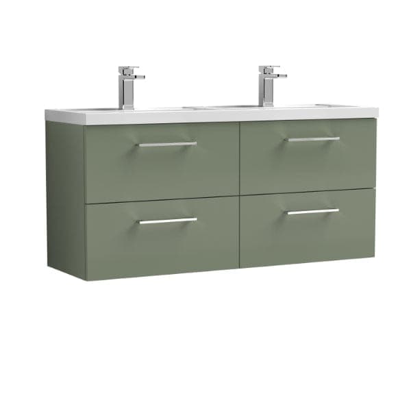 Nuie Wall Hung Vanity Units,Modern Vanity Units,Basins With Wall Hung Vanity Units,Nuie Satin Green Nuie Arno 4 Drawer Wall Hung Vanity Unit With Double Polymarble Basin 1200mm Wide