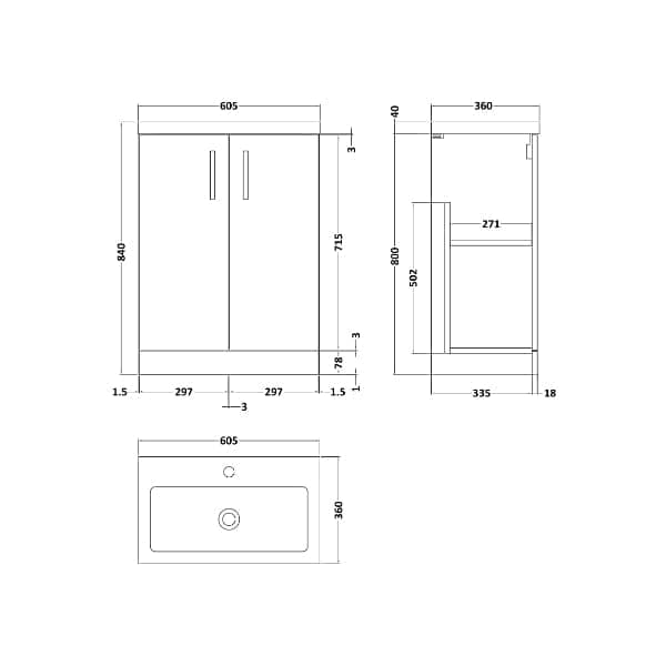 Nuie Floor Standing Vanity Units,Modern Vanity Units,Basins With Floor Standing Vanity Units,Nuie Nuie Arno Compact 2 Door Floorstanding Vanity Unit With Polymarble Basin 600mm Wide