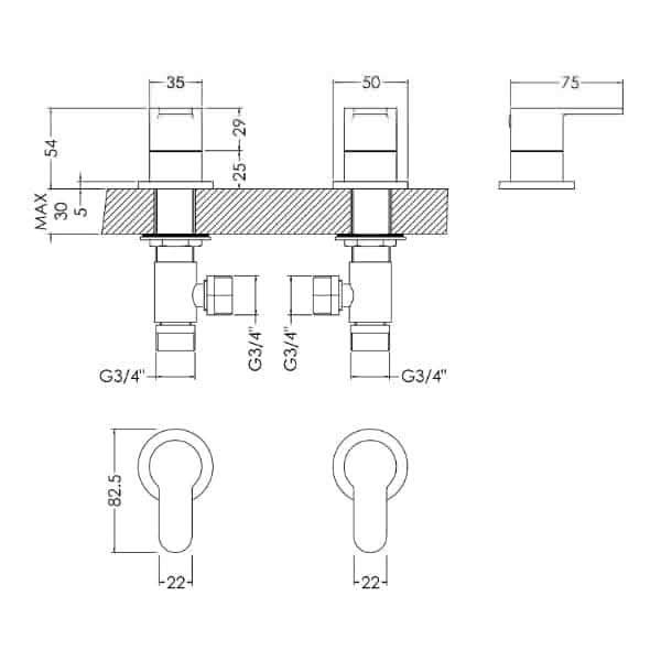 Nuie Deck Mounted Side Valves Nuie Arvan Side Valves - Chrome