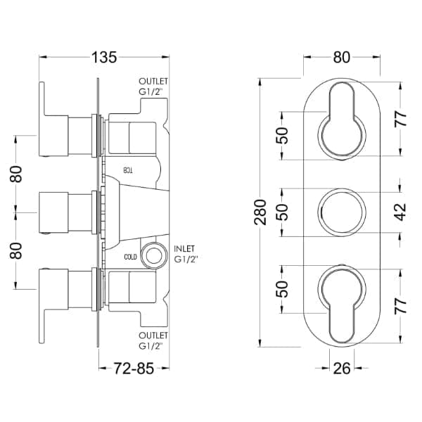 Nuie Concealed Shower Valves,Thermostatic Shower Valves Nuie Arvan Triple Handle Thermostatic Concealed Shower Valve