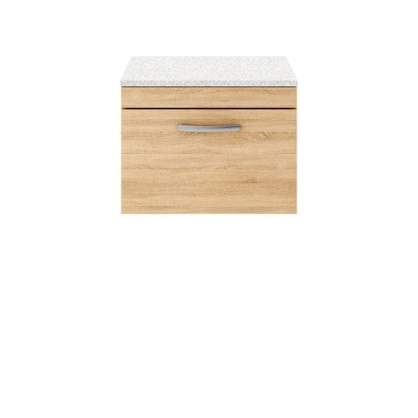 Nuie Wall Hung Vanity Units,Modern Vanity Units,Basins With Wall Hung Vanity Units,Nuie Natural Oak / Sparkling White Worktop Nuie Athena 1 Drawer Wall Hung Vanity Unit 600mm Wide