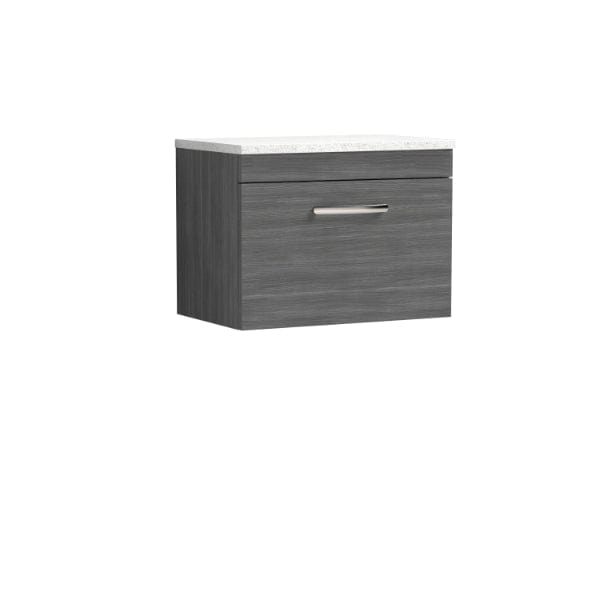Nuie Wall Hung Vanity Units,Modern Vanity Units,Basins With Wall Hung Vanity Units,Nuie Anthracite Woodgrain / Sparkling White Worktop Nuie Athena 1 Drawer Wall Hung Vanity Unit 600mm Wide