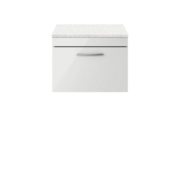 Nuie Wall Hung Vanity Units,Modern Vanity Units,Basins With Wall Hung Vanity Units,Nuie Gloss Grey Mist / Sparkling White Worktop Nuie Athena 1 Drawer Wall Hung Vanity Unit 600mm Wide