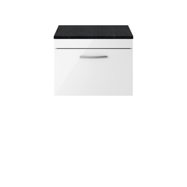 Nuie Wall Hung Vanity Units,Modern Vanity Units,Basins With Wall Hung Vanity Units,Nuie Gloss White / Sparkling Black Worktop Nuie Athena 1 Drawer Wall Hung Vanity Unit 600mm Wide
