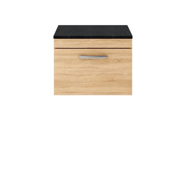 Nuie Wall Hung Vanity Units,Modern Vanity Units,Basins With Wall Hung Vanity Units,Nuie Natural Oak / Sparkling Black Worktop Nuie Athena 1 Drawer Wall Hung Vanity Unit 600mm Wide