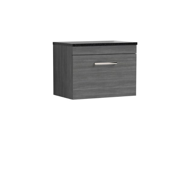 Nuie Wall Hung Vanity Units,Modern Vanity Units,Basins With Wall Hung Vanity Units,Nuie Anthracite Woodgrain / Sparkling Black Worktop Nuie Athena 1 Drawer Wall Hung Vanity Unit 600mm Wide