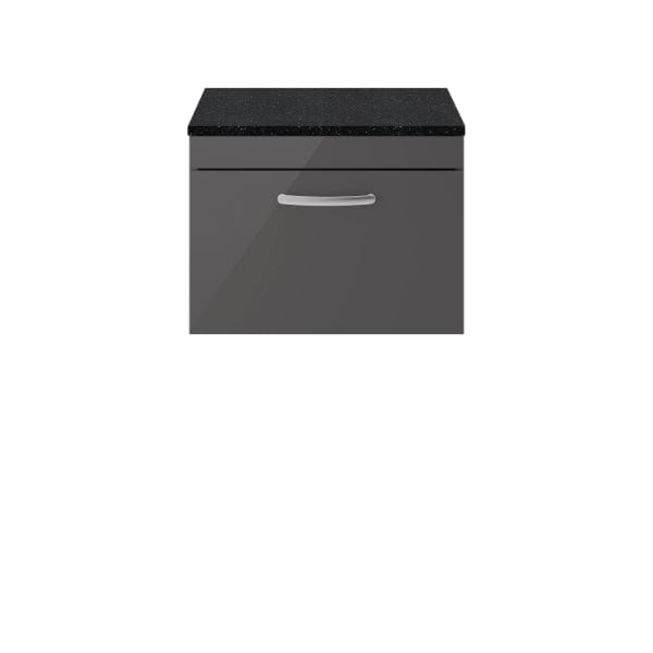 Nuie Wall Hung Vanity Units,Modern Vanity Units,Basins With Wall Hung Vanity Units,Nuie Gloss Grey / Sparkling Black Worktop Nuie Athena 1 Drawer Wall Hung Vanity Unit 600mm Wide