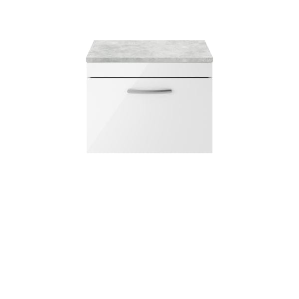 Nuie Wall Hung Vanity Units,Modern Vanity Units,Basins With Wall Hung Vanity Units,Nuie Gloss White / Bellato Grey Worktop Nuie Athena 1 Drawer Wall Hung Vanity Unit 600mm Wide