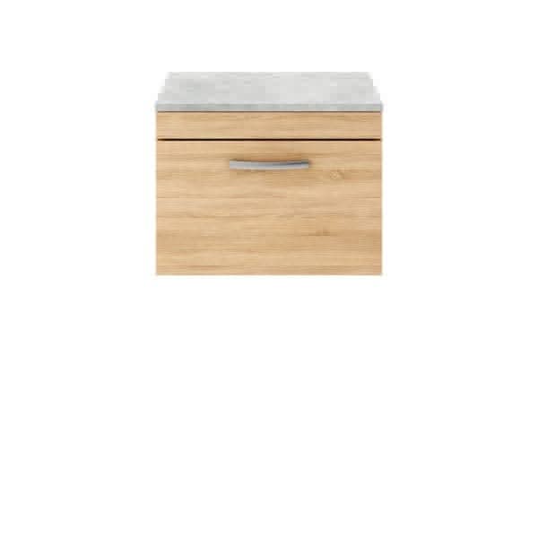 Nuie Wall Hung Vanity Units,Modern Vanity Units,Basins With Wall Hung Vanity Units,Nuie Natural Oak / Bellato Grey Worktop Nuie Athena 1 Drawer Wall Hung Vanity Unit 600mm Wide