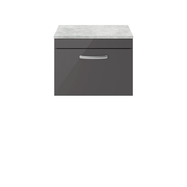 Nuie Wall Hung Vanity Units,Modern Vanity Units,Basins With Wall Hung Vanity Units,Nuie Gloss Grey / Bellato Grey Worktop Nuie Athena 1 Drawer Wall Hung Vanity Unit 600mm Wide