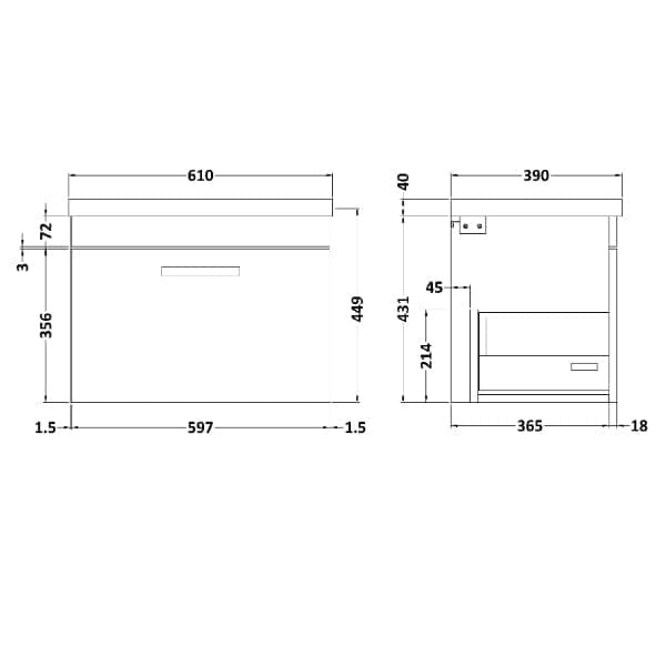 Nuie Wall Hung Vanity Units,Modern Vanity Units,Basins With Wall Hung Vanity Units,Nuie Nuie Athena 1 Drawer Wall Hung Vanity Unit With Basin-1 600mm Wide
