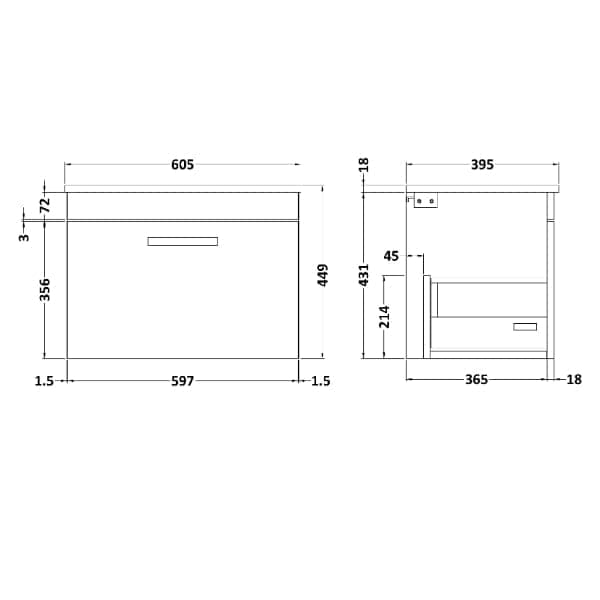 Nuie Wall Hung Vanity Units,Modern Vanity Units,Basins With Wall Hung Vanity Units,Nuie Nuie Athena 1 Drawer Wall Hung Vanity Unit With Basin-2 600mm Wide