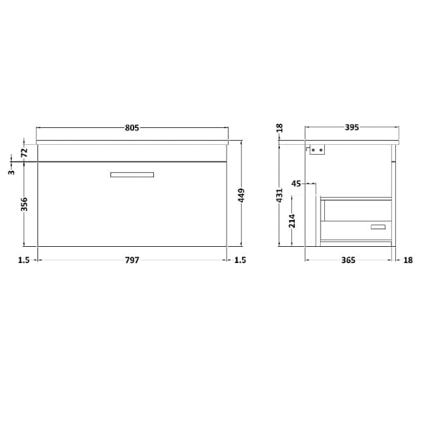 Nuie Wall Hung Vanity Units,Modern Vanity Units,Basins With Wall Hung Vanity Units,Nuie Nuie Athena 1 Drawer Wall Hung Vanity Unit With Basin-2 800mm Wide