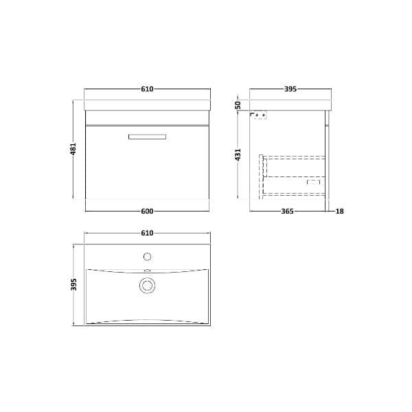 Nuie Wall Hung Vanity Units,Modern Vanity Units,Basins With Wall Hung Vanity Units,Nuie Nuie Athena 1 Drawer Wall Hung Vanity Unit With Basin-3 600mm Wide