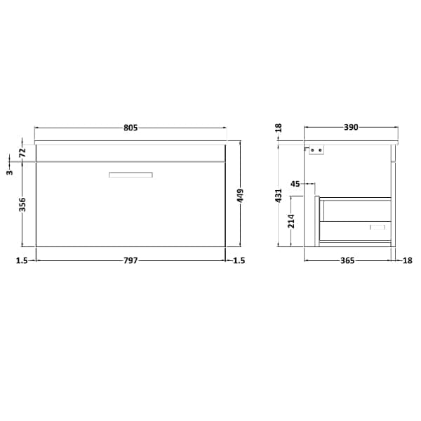 Nuie Wall Hung Vanity Units,Modern Vanity Units,Basins With Wall Hung Vanity Units,Nuie Nuie Athena 1 Drawer Wall Hung Vanity Unit With Worktop 800mm Wide