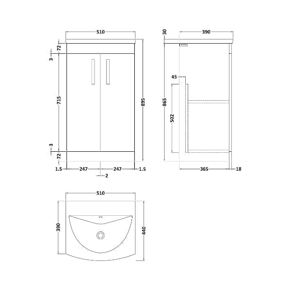 Nuie Floor Standing Vanity Units,Modern Vanity Units,Basins With Floor Standing Vanity Units,Nuie Nuie Athena 2 Door Floorstanding Vanity Unit With Basin-4 500mm Wide