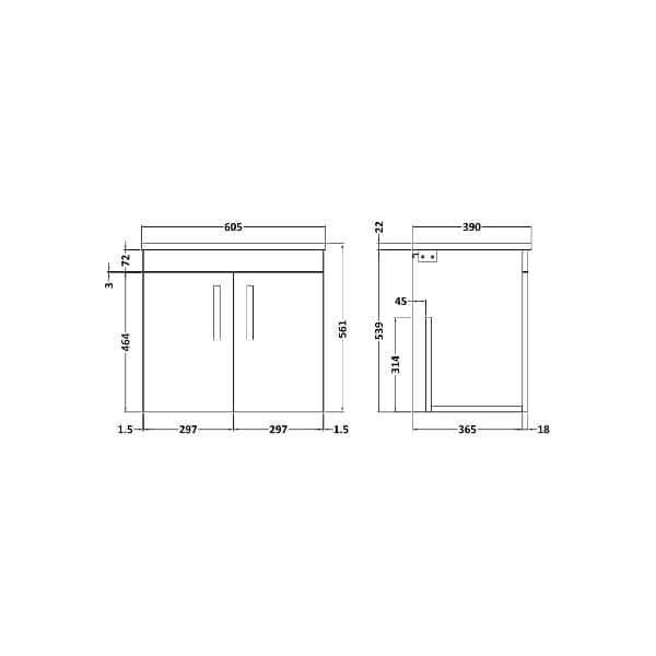 Nuie Wall Hung Vanity Units,Modern Vanity Units,Basins With Wall Hung Vanity Units,Nuie Nuie Athena 2 Door Wall Hung Vanity Unit 600mm Wide