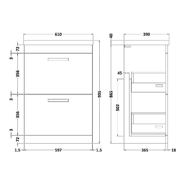 Nuie Floor Standing Vanity Units,Modern Vanity Units,Basins With Floor Standing Vanity Units,Nuie Nuie Athena 2 Drawer Floorstanding Vanity Unit With Basin-1 600mm Wide
