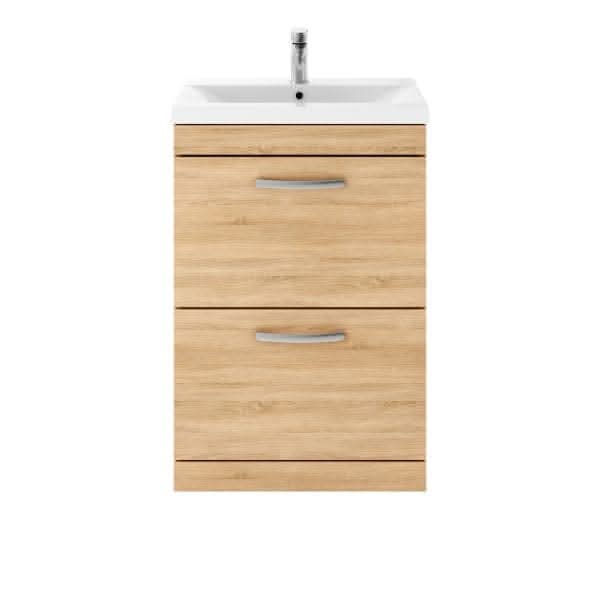 Nuie Floor Standing Vanity Units,Modern Vanity Units,Basins With Floor Standing Vanity Units,Nuie Natural Oak Nuie Athena 2 Drawer Floorstanding Vanity Unit With Basin-1 600mm Wide