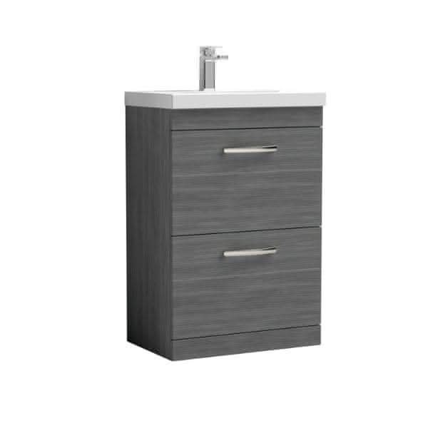 Nuie Floor Standing Vanity Units,Modern Vanity Units,Basins With Floor Standing Vanity Units,Nuie Anthracite Woodgrain Nuie Athena 2 Drawer Floorstanding Vanity Unit With Basin-1 600mm Wide
