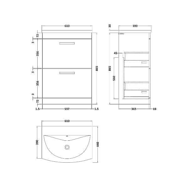 Nuie Floor Standing Vanity Units,Modern Vanity Units,Basins With Floor Standing Vanity Units,Nuie Nuie Athena 2 Drawer Floorstanding Vanity Unit With Basin-4 600mm Wide