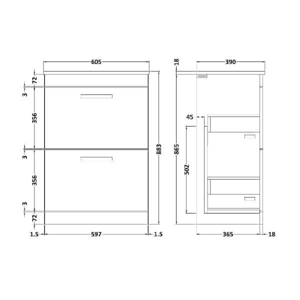 Nuie Floor Standing Vanity Units,Modern Vanity Units,Basins With Floor Standing Vanity Units,Nuie Nuie Athena 2 Drawer Floorstanding Vanity Unit With Worktop 600mm Wide