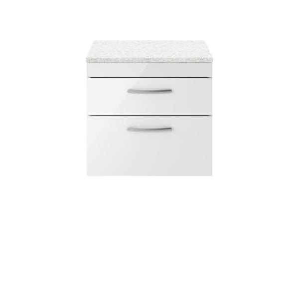 Nuie Wall Hung Vanity Units,Modern Vanity Units,Basins With Wall Hung Vanity Units,Nuie Gloss White / Sparkling White Worktop Nuie Athena 2 Drawer Wall Hung Vanity Unit 600mm Wide