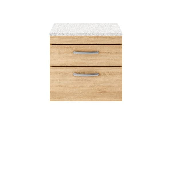 Nuie Wall Hung Vanity Units,Modern Vanity Units,Basins With Wall Hung Vanity Units,Nuie Natural Oak / Sparkling White Worktop Nuie Athena 2 Drawer Wall Hung Vanity Unit 600mm Wide