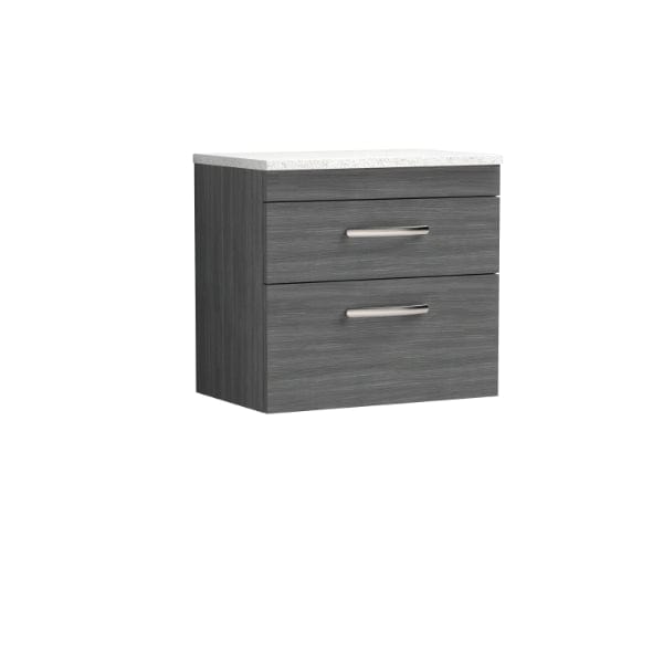 Nuie Wall Hung Vanity Units,Modern Vanity Units,Basins With Wall Hung Vanity Units,Nuie Anthracite Woodgrain / Sparkling White Worktop Nuie Athena 2 Drawer Wall Hung Vanity Unit 600mm Wide