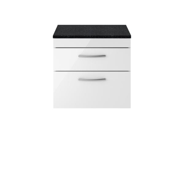 Nuie Wall Hung Vanity Units,Modern Vanity Units,Basins With Wall Hung Vanity Units,Nuie Gloss White / Sparkling Black Worktop Nuie Athena 2 Drawer Wall Hung Vanity Unit 600mm Wide