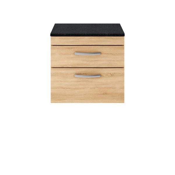 Nuie Wall Hung Vanity Units,Modern Vanity Units,Basins With Wall Hung Vanity Units,Nuie Natural Oak / Sparkling Black Worktop Nuie Athena 2 Drawer Wall Hung Vanity Unit 600mm Wide