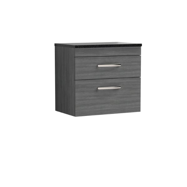 Nuie Wall Hung Vanity Units,Modern Vanity Units,Basins With Wall Hung Vanity Units,Nuie Anthracite Woodgrain / Sparkling Black Worktop Nuie Athena 2 Drawer Wall Hung Vanity Unit 600mm Wide
