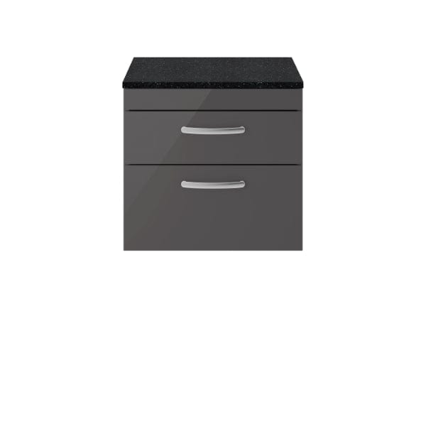 Nuie Wall Hung Vanity Units,Modern Vanity Units,Basins With Wall Hung Vanity Units,Nuie Gloss Grey / Sparkling Black Worktop Nuie Athena 2 Drawer Wall Hung Vanity Unit 600mm Wide
