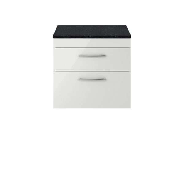 Nuie Wall Hung Vanity Units,Modern Vanity Units,Basins With Wall Hung Vanity Units,Nuie Gloss Grey Mist / Sparkling Black Worktop Nuie Athena 2 Drawer Wall Hung Vanity Unit 600mm Wide