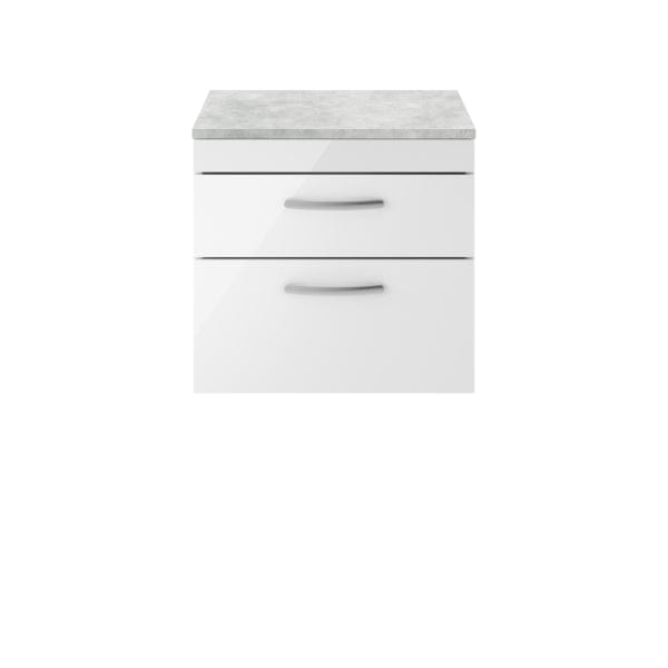 Nuie Wall Hung Vanity Units,Modern Vanity Units,Basins With Wall Hung Vanity Units,Nuie Gloss White / Bellato Grey Worktop Nuie Athena 2 Drawer Wall Hung Vanity Unit 600mm Wide