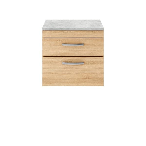 Nuie Wall Hung Vanity Units,Modern Vanity Units,Basins With Wall Hung Vanity Units,Nuie Natural Oak / Bellato Grey Worktop Nuie Athena 2 Drawer Wall Hung Vanity Unit 600mm Wide