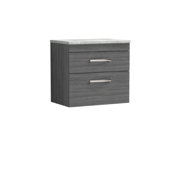 Nuie Wall Hung Vanity Units,Modern Vanity Units,Basins With Wall Hung Vanity Units,Nuie Anthracite Woodgrain / Bellato Grey Worktop Nuie Athena 2 Drawer Wall Hung Vanity Unit 600mm Wide