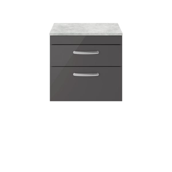 Nuie Wall Hung Vanity Units,Modern Vanity Units,Basins With Wall Hung Vanity Units,Nuie Gloss Grey / Bellato Grey Worktop Nuie Athena 2 Drawer Wall Hung Vanity Unit 600mm Wide