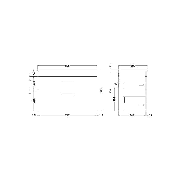 Nuie Wall Hung Vanity Units,Modern Vanity Units,Basins With Wall Hung Vanity Units,Nuie Nuie Athena 2 Drawer Wall Hung Vanity Unit 800mm Wide