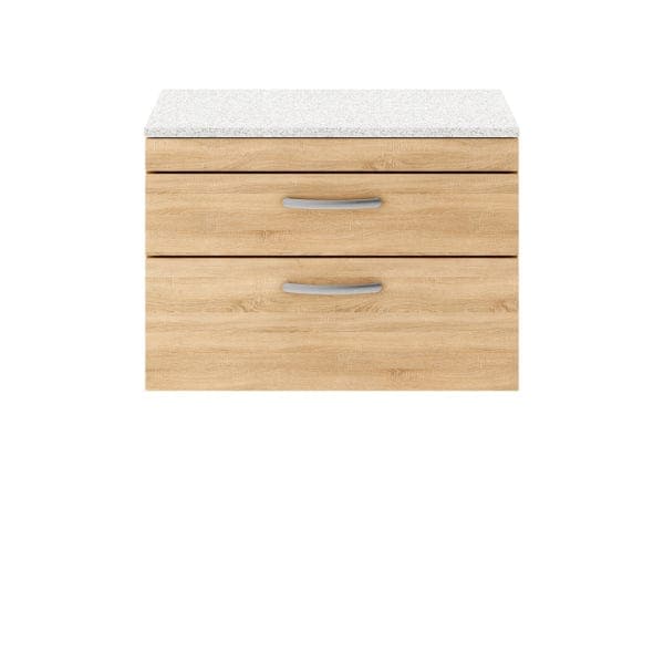 Nuie Wall Hung Vanity Units,Modern Vanity Units,Basins With Wall Hung Vanity Units,Nuie Natural Oak / Sparkling White Worktop Nuie Athena 2 Drawer Wall Hung Vanity Unit 800mm Wide