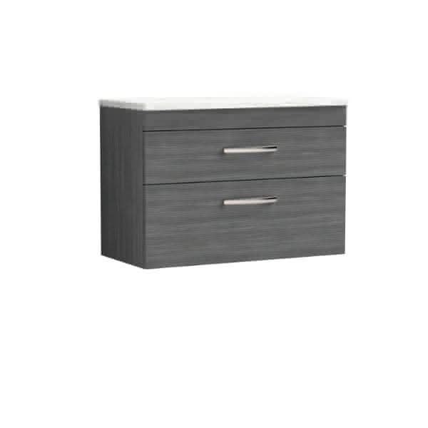 Nuie Wall Hung Vanity Units,Modern Vanity Units,Basins With Wall Hung Vanity Units,Nuie Anthracite Woodgrain / Sparkling White Worktop Nuie Athena 2 Drawer Wall Hung Vanity Unit 800mm Wide