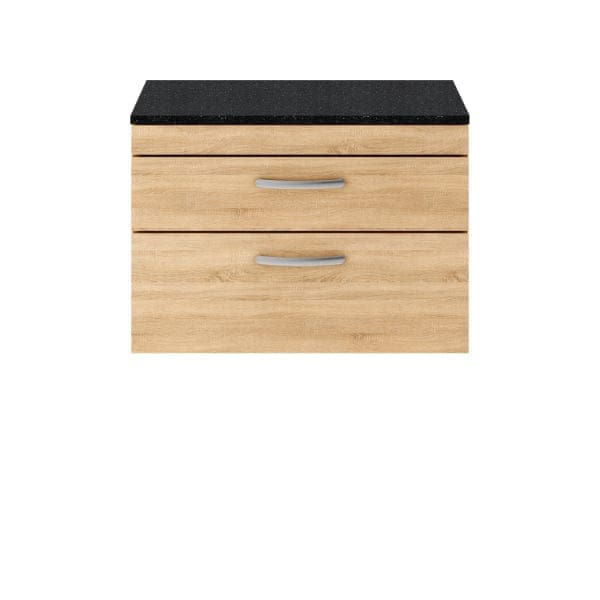 Nuie Wall Hung Vanity Units,Modern Vanity Units,Basins With Wall Hung Vanity Units,Nuie Natural Oak / Sparkling Black Worktop Nuie Athena 2 Drawer Wall Hung Vanity Unit 800mm Wide