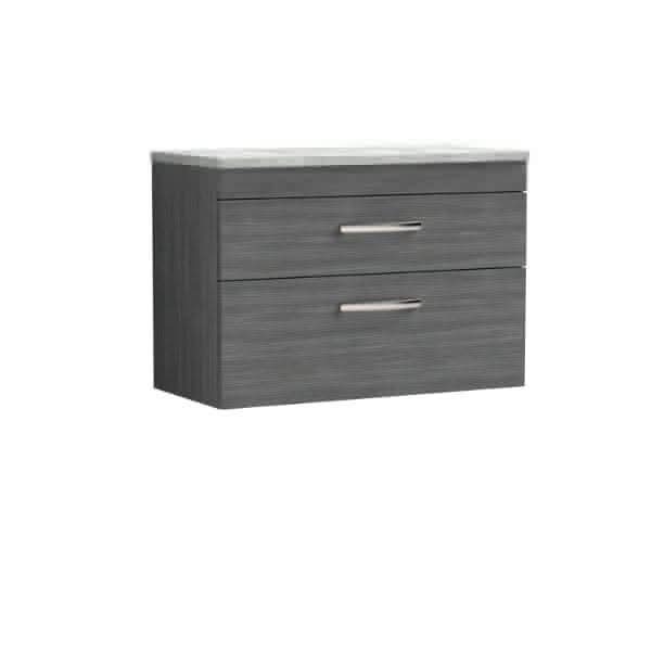 Nuie Wall Hung Vanity Units,Modern Vanity Units,Basins With Wall Hung Vanity Units,Nuie Anthracite Woodgrain / Bellato Grey Worktop Nuie Athena 2 Drawer Wall Hung Vanity Unit 800mm Wide