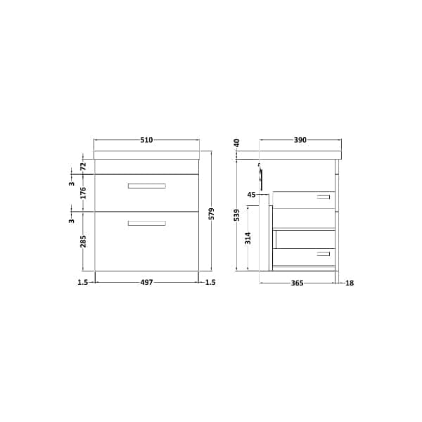 Nuie Wall Hung Vanity Units,Modern Vanity Units,Basins With Wall Hung Vanity Units,Nuie Nuie Athena 2 Drawer Wall Hung Vanity Unit With Basin-1 500mm Wide