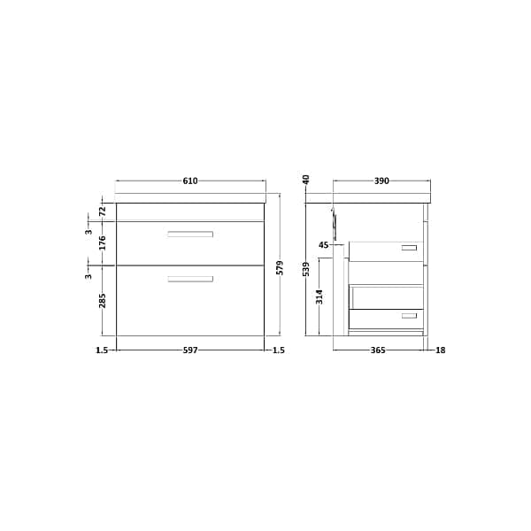 Nuie Wall Hung Vanity Units,Modern Vanity Units,Basins With Wall Hung Vanity Units,Nuie Nuie Athena 2 Drawer Wall Hung Vanity Unit With Basin-1 600mm Wide