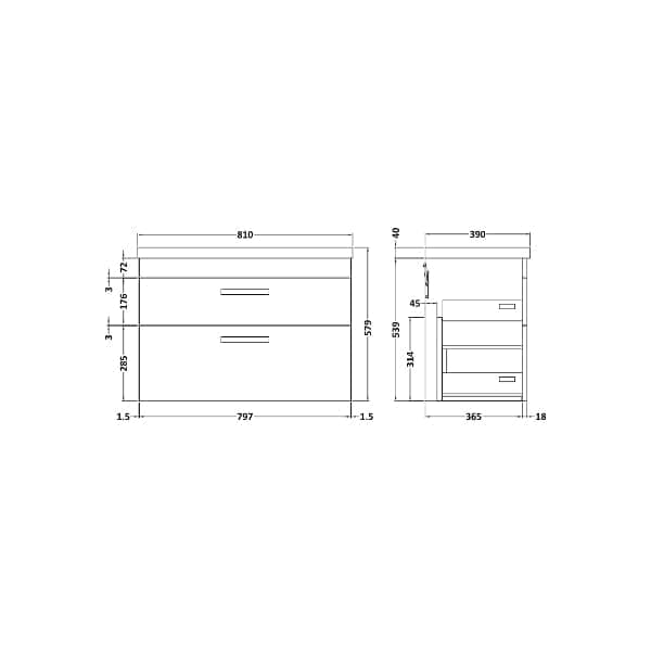 Nuie Wall Hung Vanity Units,Modern Vanity Units,Basins With Wall Hung Vanity Units,Nuie Nuie Athena 2 Drawer Wall Hung Vanity Unit With Basin-1 800mm Wide