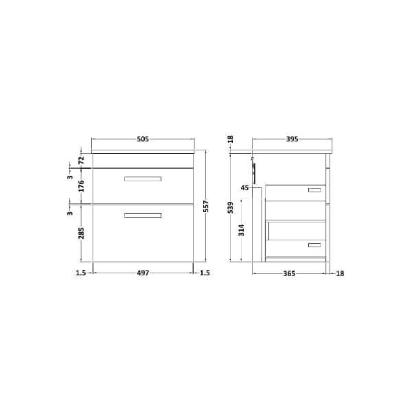 Nuie Wall Hung Vanity Units,Modern Vanity Units,Basins With Wall Hung Vanity Units,Nuie Nuie Athena 2 Drawer Wall Hung Vanity Unit With Basin-2 500mm Wide