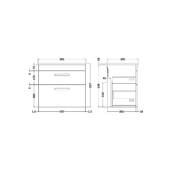 Nuie Wall Hung Vanity Units,Modern Vanity Units,Basins With Wall Hung Vanity Units,Nuie Nuie Athena 2 Drawer Wall Hung Vanity Unit With Basin-2 600mm Wide